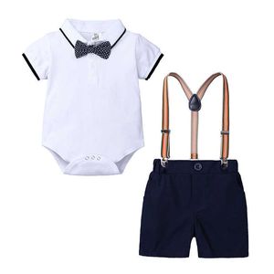 Ropa para niños pequeños, peleles de manga corta de verano, azul + mono, conjunto de ropa de bebé, corbata de caballero, trajes para niños recién nacidos, traje X0802