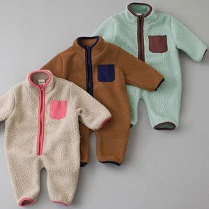 Enfant en bas âge chaud agneau polaire Patchwork bébé body doux col rond contrastant bébé combinaison tenue 240104