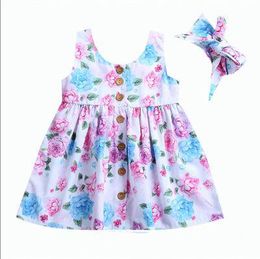 Peuter Kids Baby ontwerper Meisje Bloemen tankjurk match hoofdband Zomer knoop mouwloze zonnejurk baby meisje Kleding