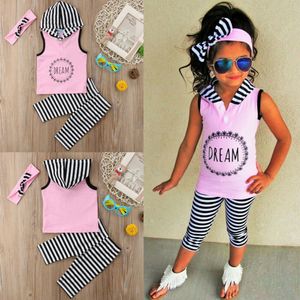 Enfant en bas âge enfants bébé fille 1T-6T haut à capuche pantalon rayé Leggings bandeau tenue vêtements 220523