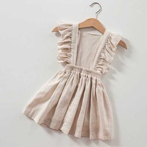 Niños pequeños Baby Girl Algodón Lino Sin mangas Color Sólido Vestido de fiesta Sundress Q0716