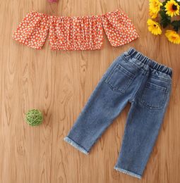 Conjuntos de ropa para bebés y niñas, camisetas con estampado Floral naranja y hombros descubiertos, camisetas, pantalones vaqueros, trajes, 2 uds.