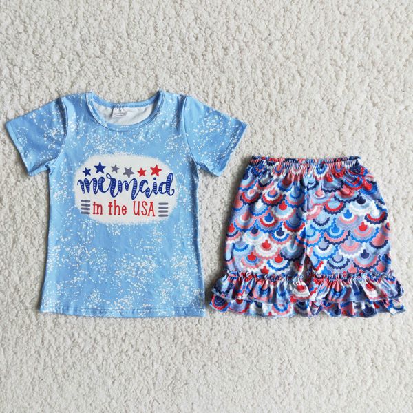 Toddler Kids Baby Girls 4 juillet Summer Summer Short Sleeve Independence Day T-shirt Tops Ruffle Shorts (bleu, 4 ans)