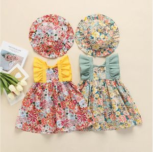 Peuter kinderen babymeisjes zomer patchwork jurk ruches mouw bloemen a-line jurk + bloemen hoed 6m-3t