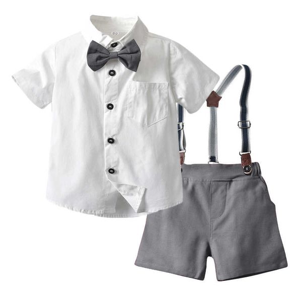 Conjunto de ropa para niños pequeños Niños de verano Bebé Niños Camisa blanca de algodón con arco + pantalones cortos grises 4 PCS Traje de fiesta formal X0802