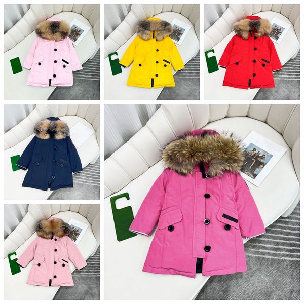 Abrigo para niños pequeños, ropa de diseñador para bebés, abrigos, chaqueta, ropa para niños con insignia, ropa exterior gruesa y cálida para niñas, Parkas clásicas con cuello de piel de lobo, estilo rosa y azul