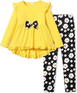 Toddler Kids Girls 2pcs Vêtements Set Bowknot Design Ruffle Hem Top à manches longues et pantalon à imprimé floral