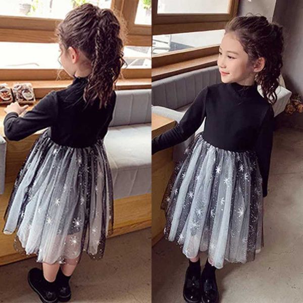 Enfant en bas âge enfants filles à manches longues Dot robe de princesse plissée robes en tulle col roulé coton fête robe de bal enfants tenue G1026