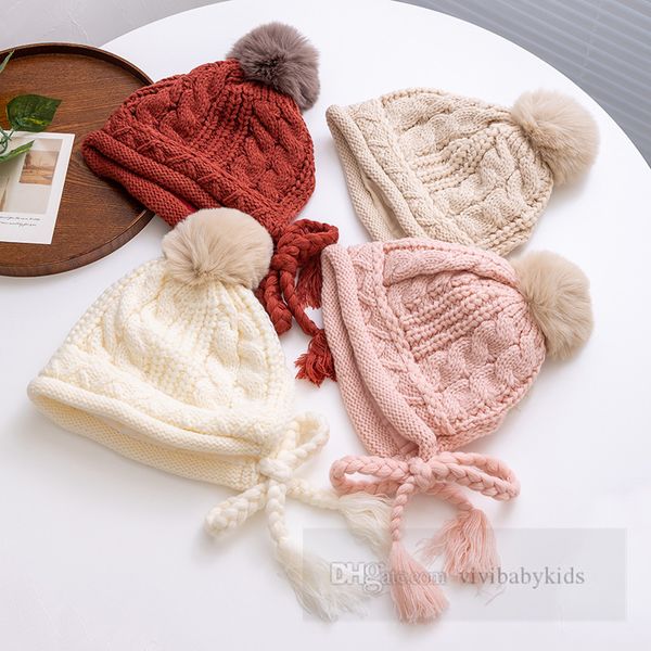 Niños pequeños torcen sombreros de punto otoño invierno niños pequeños niñas felpa pompón borla trenza gorro niños orejeras gorras cálidas al aire libre Z5625