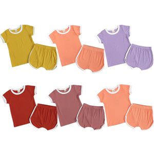 Peuter geribbelde kleding sets zomer baby jongens meisjes zachte katoen kinderen outfits kinderen gebreide korte mouw tops + elastische shorts Artikel pit thuis casual pakken M4106