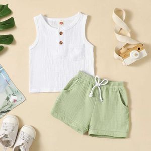 Toddler set babyjongens kleren Kid 2 stks zomer outfits katoenen linnen knop pocket tanktops + drawstring shorts