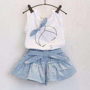 Peuter zomer kleding kinderen meisjes schattige boog patroon shirt top raster shorts set kleding zomer casual baby set 2 3 4 5 6 7 jaar # 2 q0716