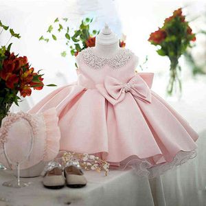 Peuter Witte Bruiloft Satijn Prinses Baby Meisje Jurk Strik 1 Jaar Verjaardag Avondfeest Pasgeboren Doopjurk voor Meisje Kleedt Y220426