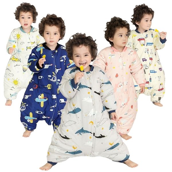 Sacos de dormir de invierno para niños pequeños Pijamas de algodón cálidos para niños pequeños Dibujos animados para dormir Monos para dormir Bebé Pierna dividida Sleepsack 220216