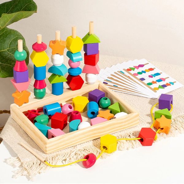 Juguetes de madera Montessori para niños pequeños, cuentas de secuenciación, bloque de apilamiento, forma a juego, cuentas de cordones, enhebrado, habilidades motoras finas, juguetes para niños 240129