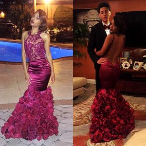 Sexy zien door backless prom jurken Afrikaanse stijl donkerrode handgemaakte bloemen pailletten appliques zeemeermin avondjurk