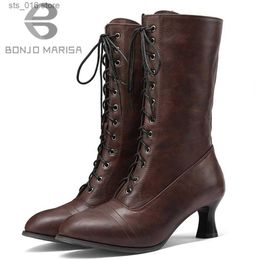 Teen kant vrouwen ronde punk victoriaanse stijl modern up lage med strange hiel mode midden kalf western laarzen schoenen vrouw 2022 nieuwe T230824 957