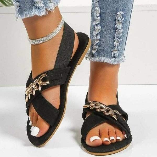 Toe Open Sandals Fémirations 2024 Summer Roman Metal Chain Casual Slides Chaussures pour femmes Extérieur Light Femme 5999