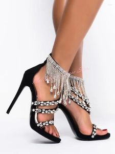 Toe Rhinestone Fringe Bling Sandals Open Crystal Stiletto Heels Summer Sexy Women Shoes Party Party Diseñador 356 312 C