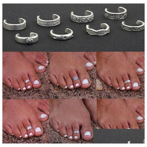 Anillos de los pies 8pcs mujeres elegantes 925 esterling sier anillo de pie de pie ajustable joyas de moda desfile de moda de estilo retro