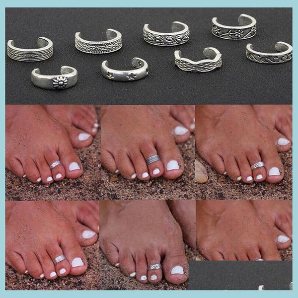 Toe Rings 8Pcs Mujeres elegantes 925 Sterling Sier Toe Ring Foot Ajustable Beach Jewelry Fashion Show Estilo retro Body Jewellry Drop Del Dhvoi