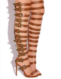 Mujeres de los pies abiertas correas sexy delgadas sobre la rodilla gladiator recortado botas de sándalo de tacón largo zapatos de vestir 5
