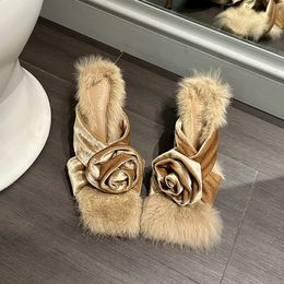 Toe Zookerlin Square Rabbit Hair Femmes Slippers Chaussures Couleur solide mince talon d'automne Soft Fur Stiletto Slipt on Slide