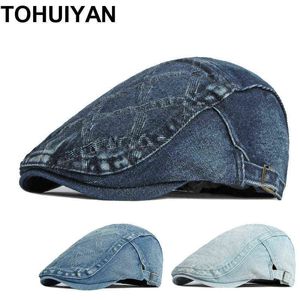 Tohuiyan Gewassen Denim Boina Mannen Hoed Britse Baret Homme Krant Verkoper Caps Basic Dagelijks Rijden Hoeden Schilder Platte Pet voor Vrouwen J220722