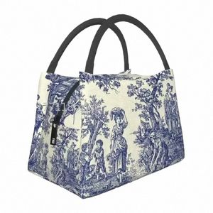 Toile De Jouy Bleu Portable Lunch Box Français Bleu Marine Thermique Refroidisseur Alimentaire Sac À Lunch Isolé Bureau Pinic Ctainer V1TW #