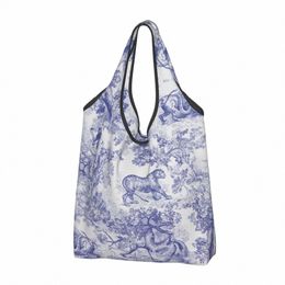 toile de Jouy Marineblauw motiefpatroon Boodschappentas Winkeltas Dierenbos Bloemenkunst Schoudertas Shopper Grote handtassen u7GC#