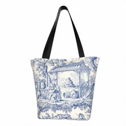 toile de Jouy marineblauw motief patroon winkel draagtas Wable canvas shopper schouder klassieke Franse stijl handtas v3aN #