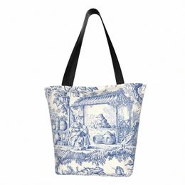 Toile De Jouy Azul marino Motivo Patrón Tienda Bolsa de asas Wable Lona Shopper Hombro Clásico Estilo francés Bolso v3aN #