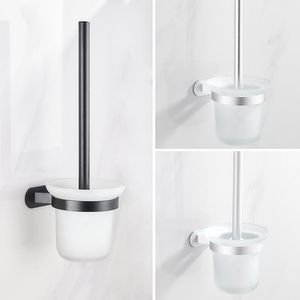 Soportes para escobillas de baño Espacio negro mate Cepillo de limpieza de aluminio Soporte redondo para montaje en pared Vidrio de baño cromado