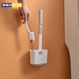 Toiletborstels houders ingesteld Sikat wikhostar terpasang di dinding Dengan Pemegang saluran pembuangan silikon kepala datar fleksibel pembersih bulu lembut 230425
