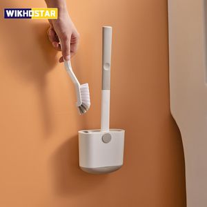 WIKHOSTAR Ensemble de brosses de toilette Brosse de toilette murale avec porte-drain Silicone Tête plate Flexible Poils souples Brosse de nettoyage 230629