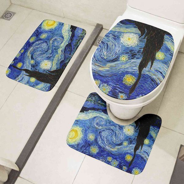 Ensemble de tapis de toilette 3D Van Gogh peinture à l'huile tournesol nuit étoilée tapis de sol salle de bain douche flanelle tapis antidérapant coussin de toilette 210622