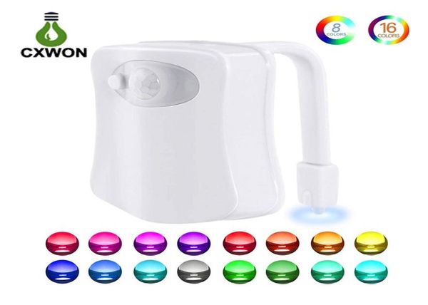 Luces nocturnas para inodoro Sensor de movimiento 8 colores 16 colores cambiantes LED Tazón Luz nocturna Impermeable Cerrar Taburete Noche LED Luminaria WC Lamp2656661