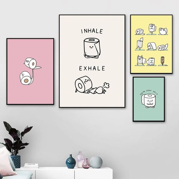 Papel higiénico Pintura en lienzo divertida Cita de yoga Estilo de dibujos animados minimalista Carteles de baño e impresiones Imágenes de arte de pared para baño Decoración para el hogar Wo6