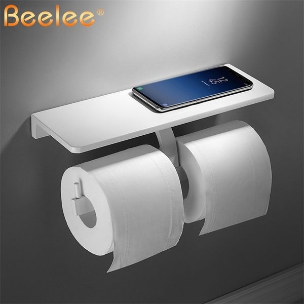 Soporte de papel higiénico Baño Titular de papel higiénico Partido Teléfono móvil Estante de almacenamiento Estante Pintura blanca Aluminio Doble rodillo T200425