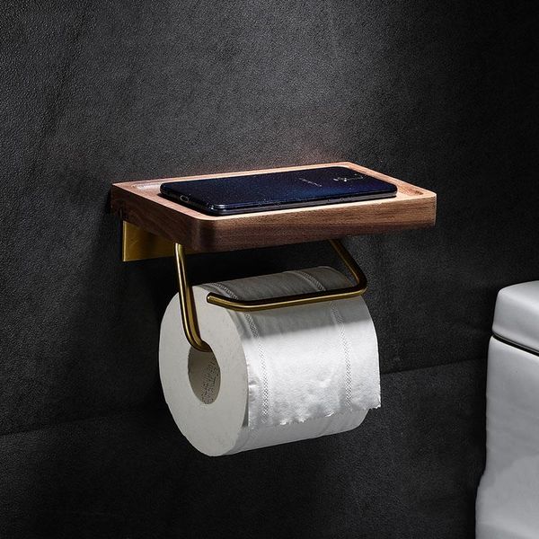 Porte-papier hygiénique mural en noyer noir, rouleau créatif en bois massif et en laiton, supports de perçage gratuits pour téléphone