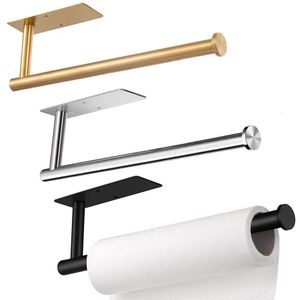 Toilet Paper Holders Adhesive toilet paper holder 304 stainless steel brushed gold towel roll holder Black bathroom kitchen long paper towel holder 230329