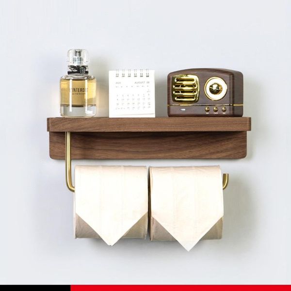 Soportes de papel higiénico, soporte artístico de madera y latón con estante para teléfono, almacenamiento, accesorios para rollos de papel higiénico