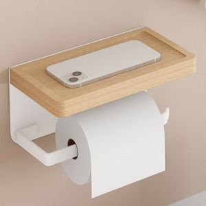 Toiletpapierhouders Papierhouder met Plank Wit Aluminium Wandmontage Creatief Houten Toiletpapierrolrek Opslag Weefselhouder voor Badkamer WC 230925