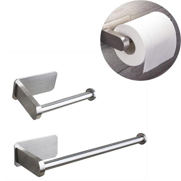 Porte-papier toilette en acier inoxydable, porte-rouleau mural sans poinçon, noir et argent, auto-adhésif pour porte-bâtons de salle de bains
