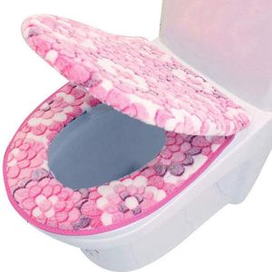 Housses de siège de toilette 2 pièces/ensemble housse de luxe accessoires imprimés floraux doux tapis de bain en peluche facile à installer lavable en Machine-rose