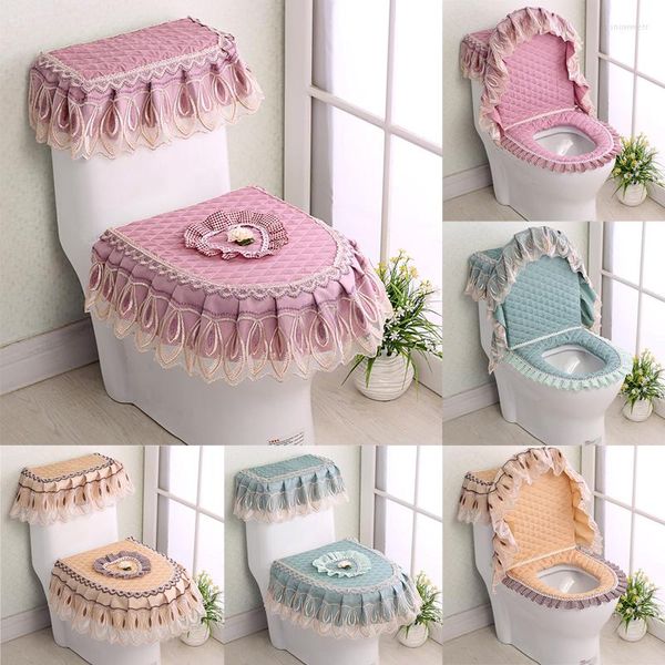 Siège de toilette couvre 3 pièces ensemble de couverture de luxe tapis de dentelle nordique hiver chaud velours en forme de U fermeture à glissière anneau de piédestal