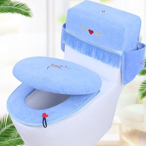 Housses de siège de toilette 3 pièces ensemble broderie doux velours tapis pardessus étui réservoir d'eau anti-poussière anneau Pad 230324