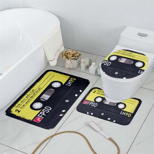 Couvre-siège de toilette salle de bain tapis antidérapant ensemble de couverture cassette musique bande rétro salle de douche flanelle tapis bain entrée porte étanche