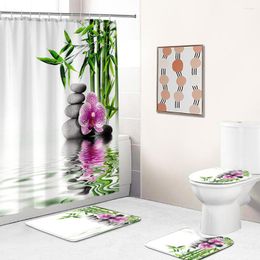 Toiletbrakomslagen Mooie bloem bamboe afdrukken Home Decor Badkamers Sets Waterdichte douchegordijn Matten Tapijt Tapijten Pakken