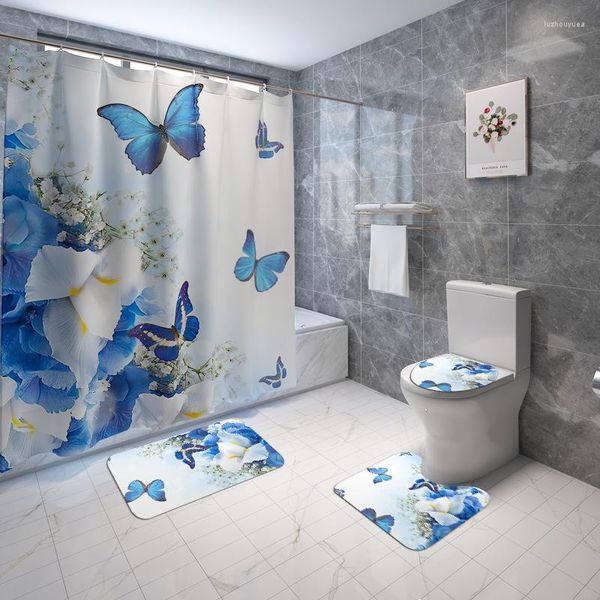 Fundas De asiento De inodoro estampado De flores De mariposa decoración del hogar juegos De baño alfombrillas De cortina De ducha alfombras textiles trajes Rideau De ducha